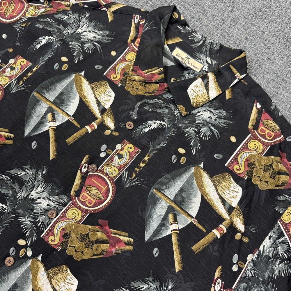 Tommy Bahama Hawaiian Shirt Mens XL Black Silk Cigar Tobacco Short Sleeve Button
